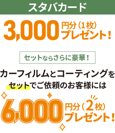 スタバカード3,000円分（1枚）プレゼント！カーフィルムとコーティングをセットでご依頼のお客様にはさらにもう1枚追加の6,000円分（2枚）プレゼント！